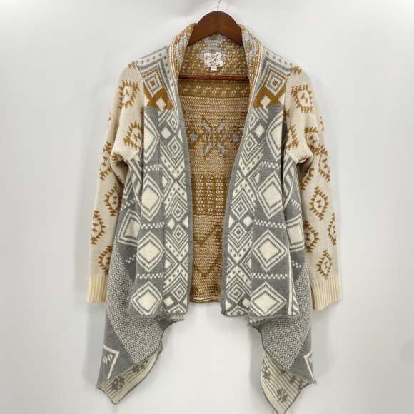 Hippie Rose Sweaters - Hippie Rose Cardigan Sweater Womens Small Gray‎ Tan Aztec Western Waterfall Boho